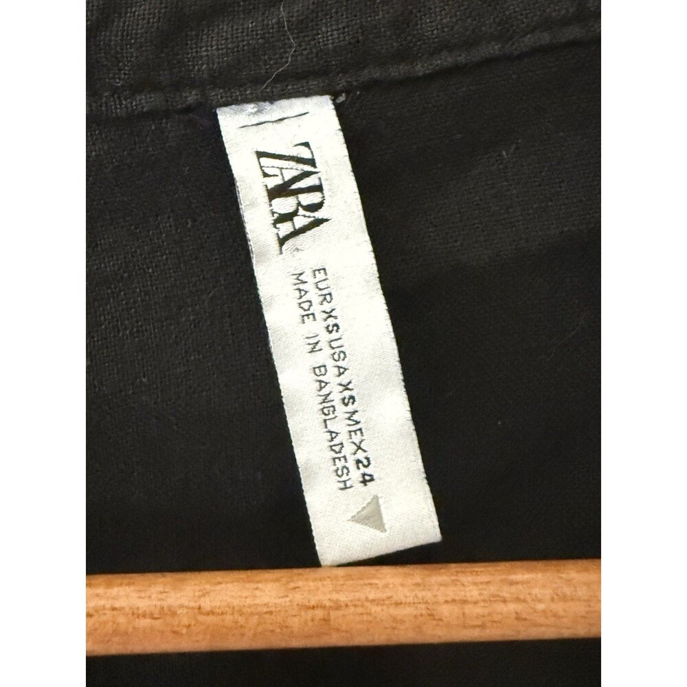 ZARA Black Linen Tie Front Long Sleeve V-Neck Shirt Size XS Trendy Stylish - Picture 6 of 8
